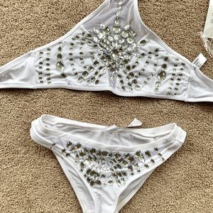 Rhinestone Embellished White Bikini